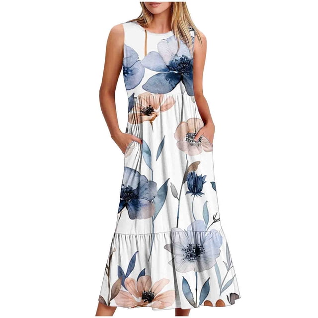 FcBaudy Robe Sans Manches à Col Rond, Robes d'Été pour Femmes, Robes pour Femmes Robe Imprimée Sans Manches à Col Rond pour Femmes
