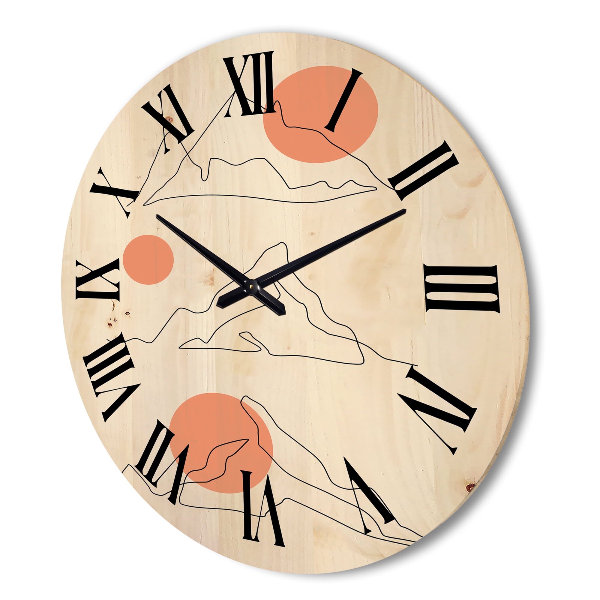 Designart 'Abstract Red Moons With Mountain Range' Modern Wood Wall Clock