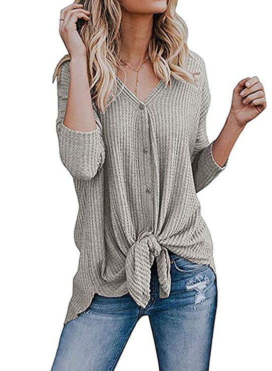 Chigant Womens Waffle Knit Blouse Tunic Triple Color Block Long Sleeve Button Down Tops Tie Knot Casual Sweatshirts T-shirt