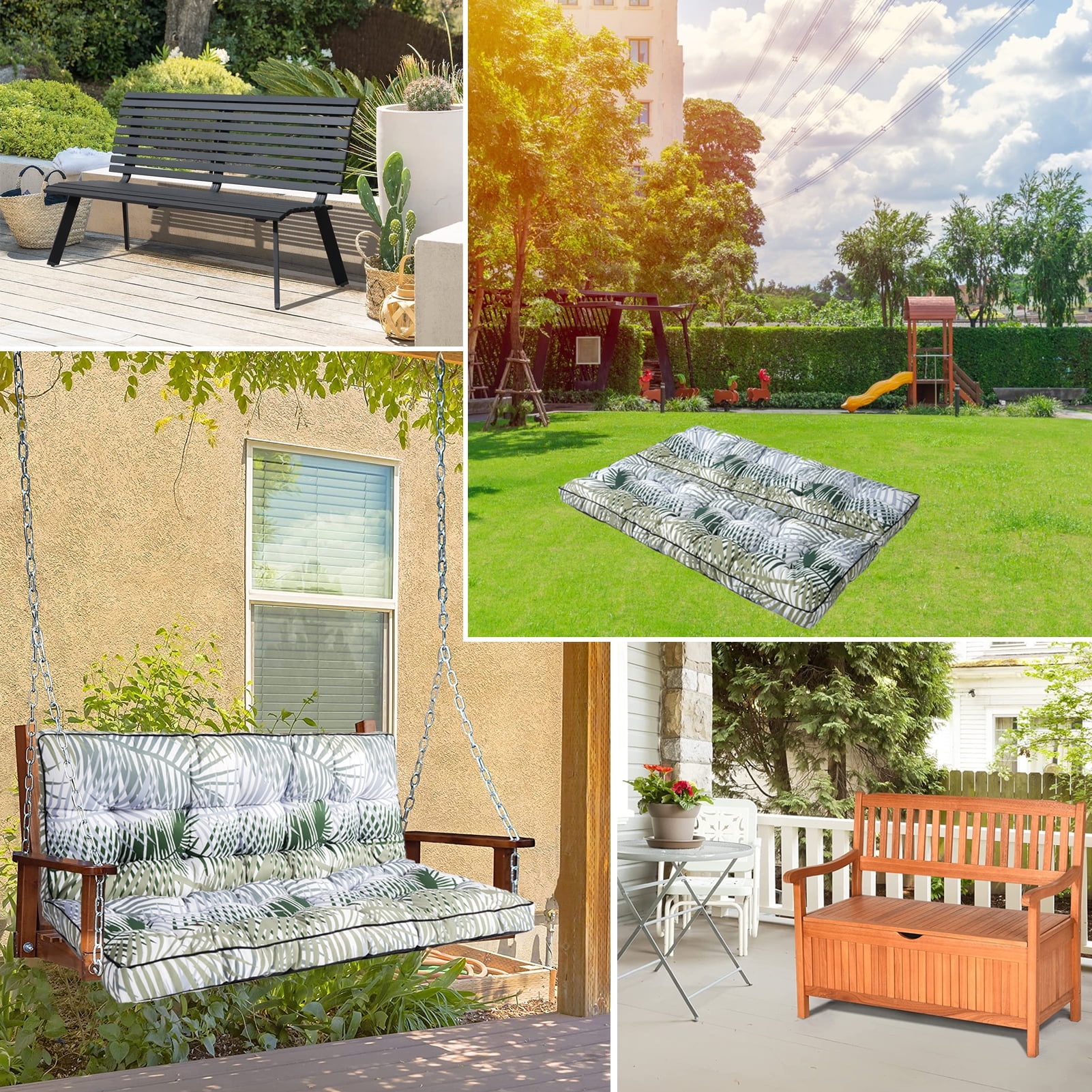 Porch Swing Cushions 55in, Swing Cushions 3 Seater Replacement with Backrest, Thicken 4" Waterproof Bench Pad Cushions, Outdoor Loveseat Cushions Non-Slip Chairs Pad (Bamboo Leaves)