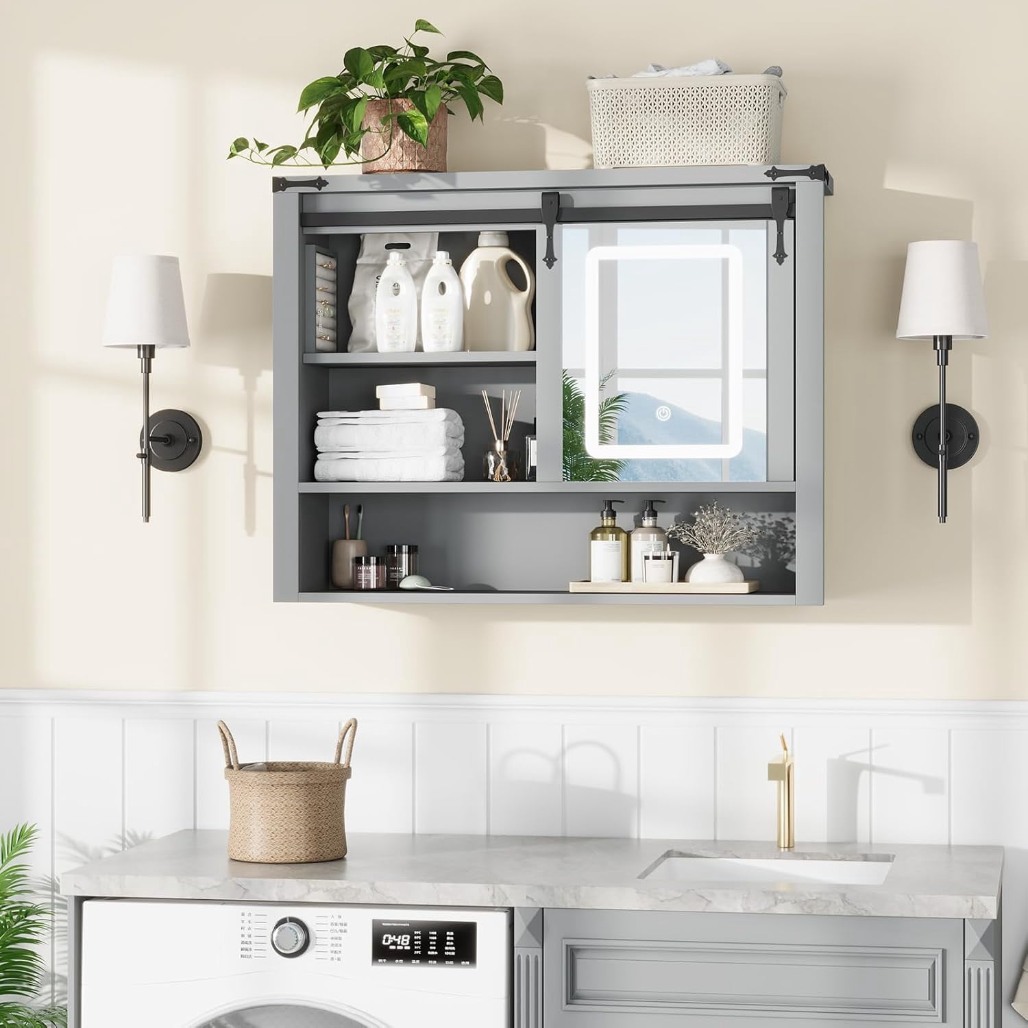 Vecenuy White Bathroom Wall Cabinet with Mirror, 3 Lighting Modes, Adjustable Brightness, Jewelry Holder, Sliding Door, Over Toilet Storage, Grey