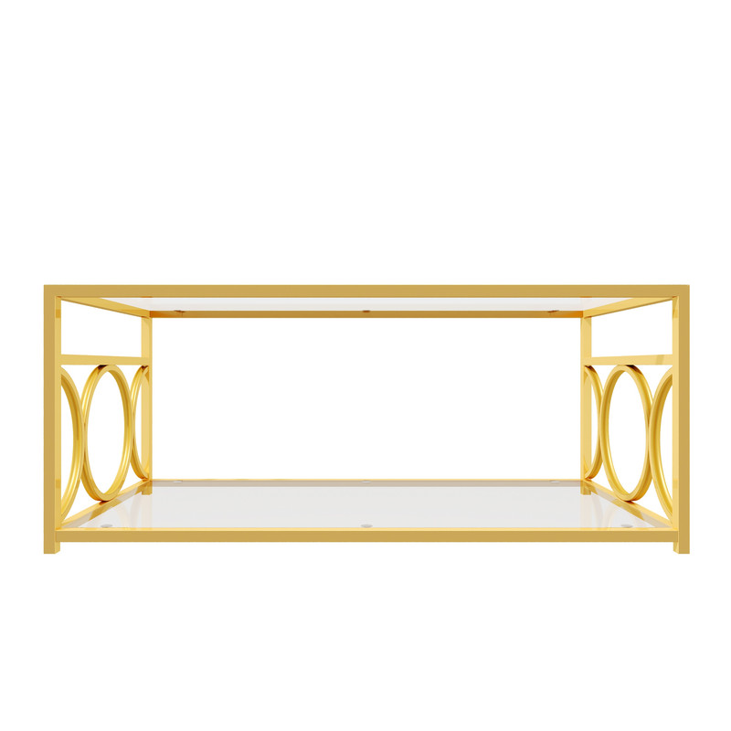 Glass Top Coffee End Table with Gold Metal Frame, Rectangular 2-Tier Storage Center Cocktail Table with Open Storage Shelf