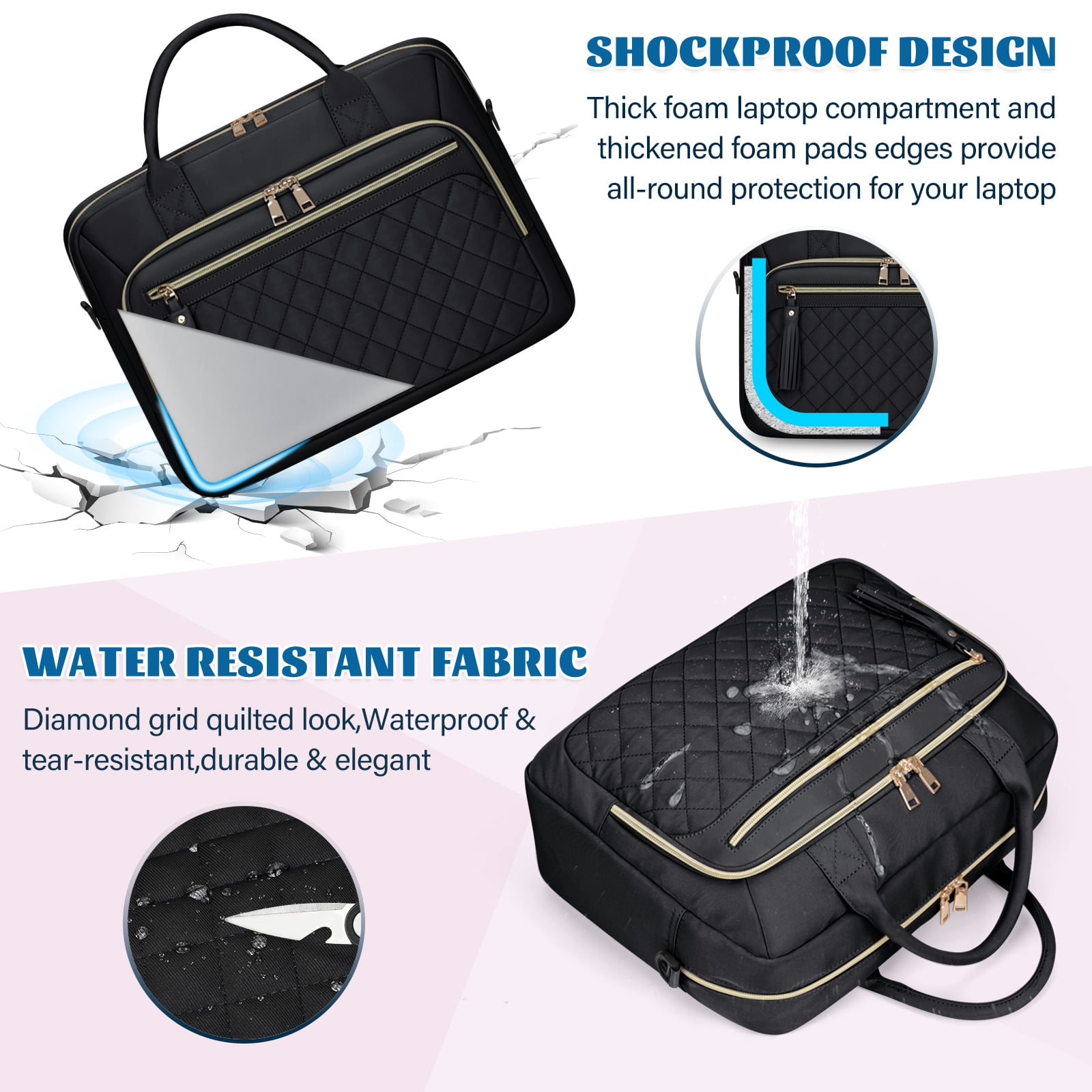 RAINSMORE Laptop Bag 17.3 Inch Messenger Shoulder Bags for Women Waterproof Computer Briefcase Large Laptop Case for Work Business Office College Travel,Black