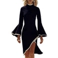 thumbnail image 2 of Maqroz Long Dresses for Women Wedding Guest Plus Size Bell Sleeve Elegant Dress Side Split Mock Neck Dress Basic Party Club Bodycon Mini Dresses Navy L, 2 of 9