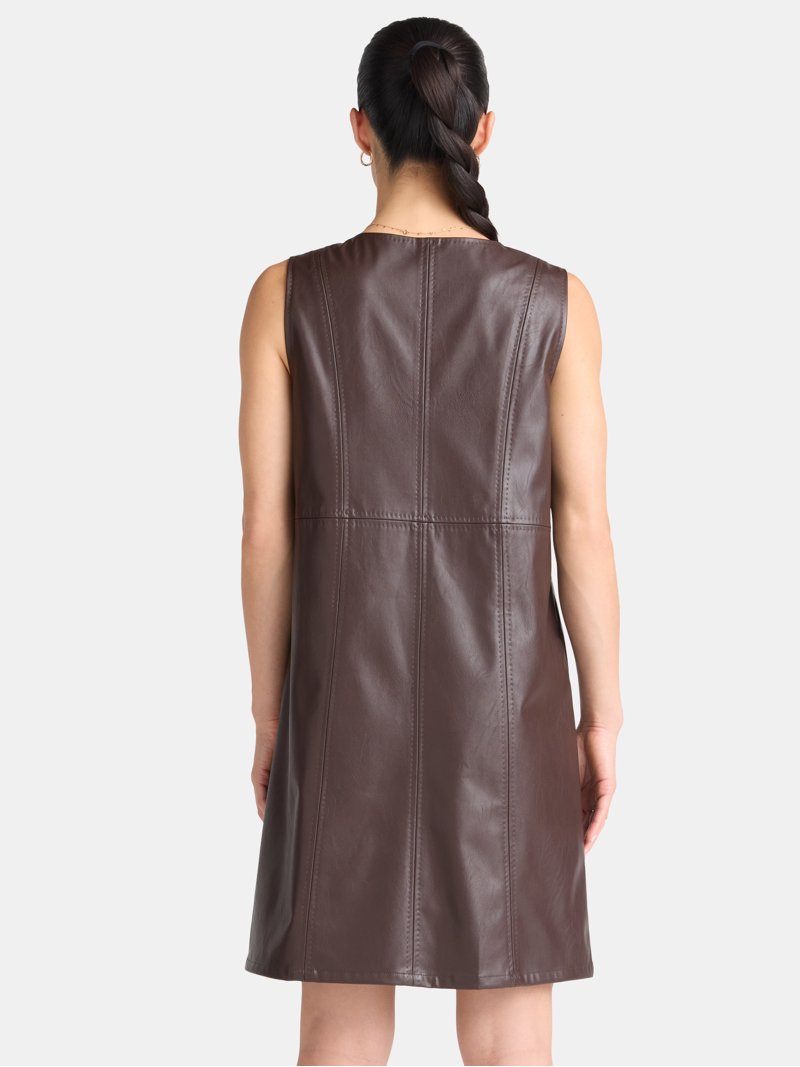 leather dress xs Black Faux Leather Round Neck Sleeveless Mini Dress