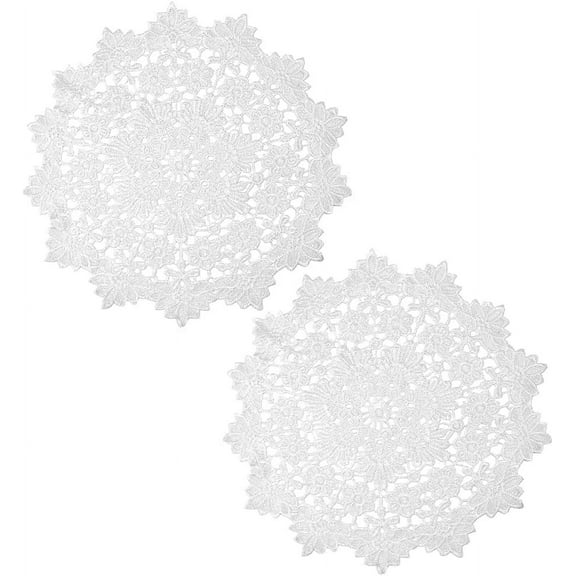 2Pcs 35cm Diameter Hand-Crocheted Lace Doilies Large Round Lace Coasters Vintage White Floral Embroidery Table Place Mats
