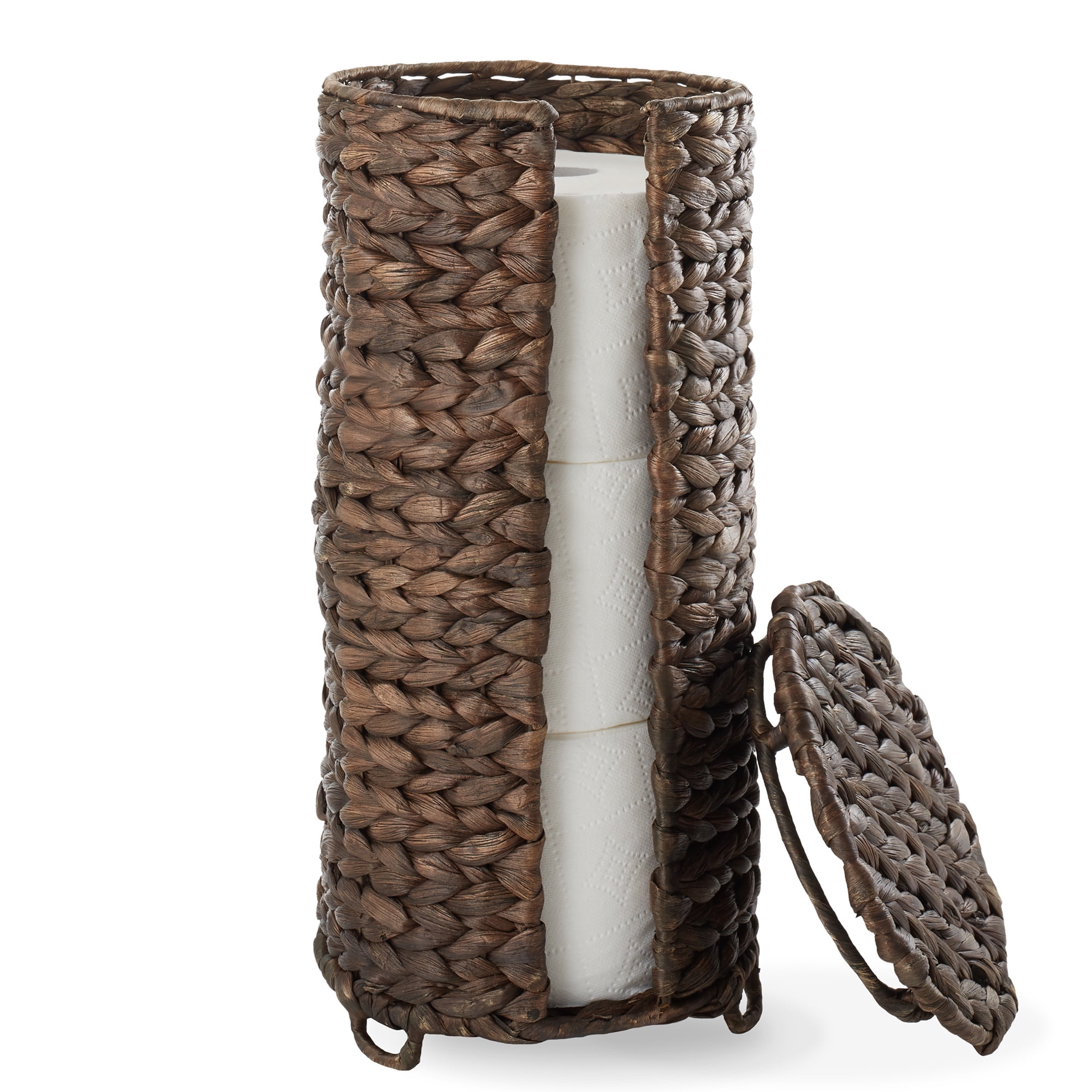 Casafield Toilet Paper Roll Holder with Lid - Espresso Dark Brown, Fits 3 Rolls, Free Standing Hyacinth Bath Tissue Storage Organizer for Bathroom