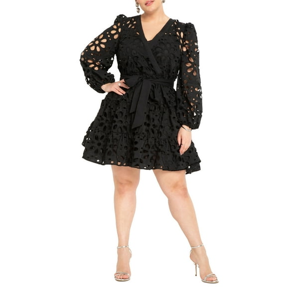 ELOQUII Women's Plus Size Tiered Eyelet Mini Dress