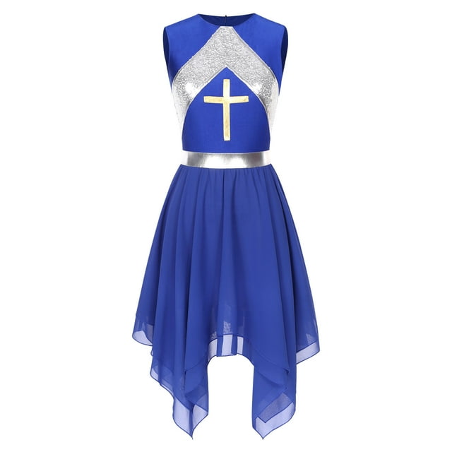 Hansber Robe de Danse Lyrique Sans Manches pour Femmes, Ourlet Irrégulier, Tunique de Prière, Bleu Royal, L