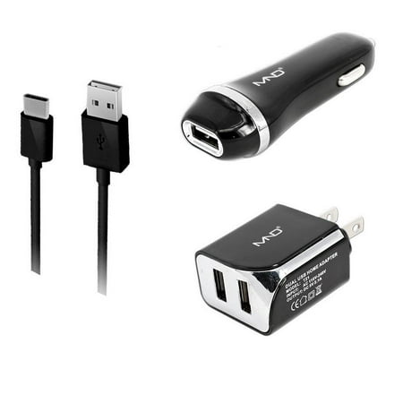 3-in-1 Type-C USB Chargers Bundle for HTC 10, ZTE Imperial Max, Meizu Pro 6 (Black) - 2.1Ah Car Charger + Home Travel AC Charger Adaptor (Dual Port) + Type-C USB Data Charging Cable
