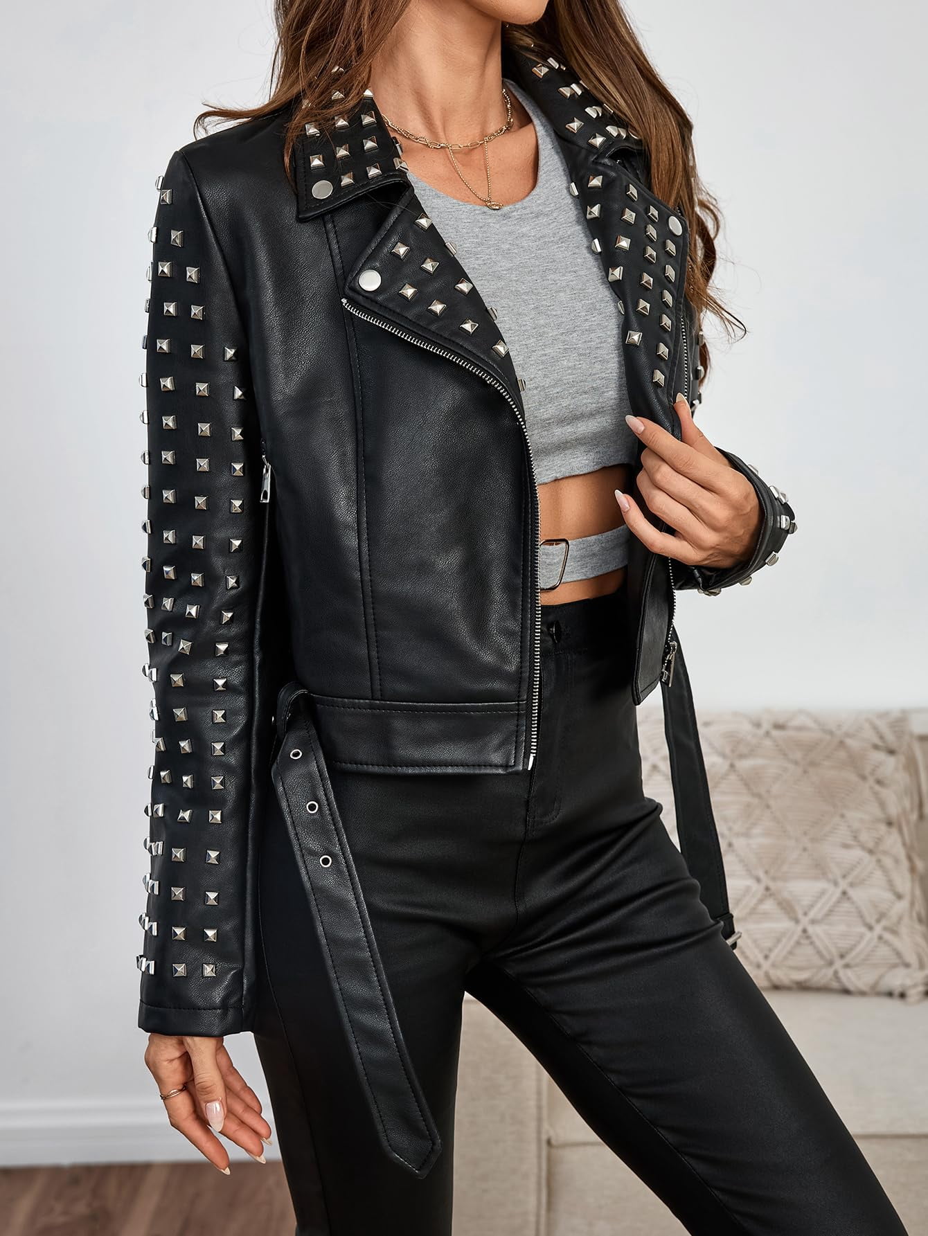 Giolshon Women's Faux Leather Jacket Studded Rivet Casual Short Motorcycle Biker Coat with Belt
