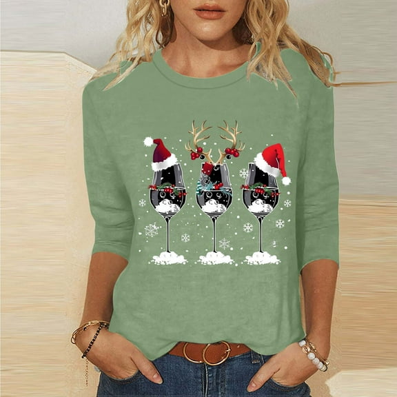 Busydd Womens Tops Christmas Graphic T Shirts for Women Fashion Xmas Round Neck 3/4 Length Sleeve Tops for Women Casual Comfortable Womens Fall Tops