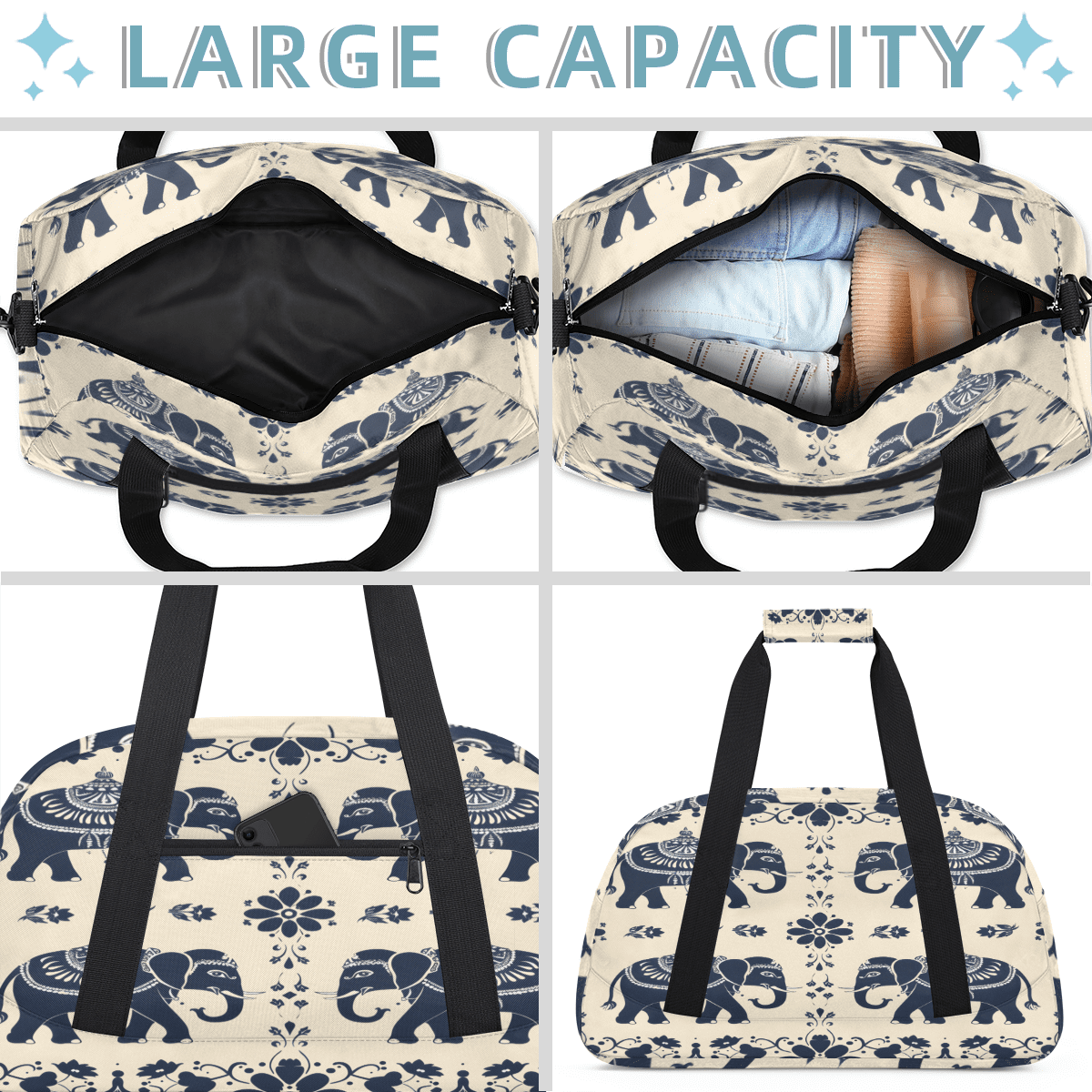 Herdesigns Elephant Sports Duffle Bag for Women & Men, Animal Print Gym Bag Dance Bag Overnight Bag Carry On Weekender Travel Bag