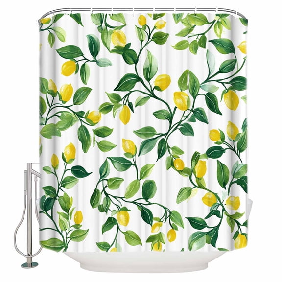 Summer Lemon Bathroom Shower Curtains with 12 Hooks Polyester Waterproof Shower Curtain for Stalls and Bathtubs Modern Yellow Fruit Green Plant Leaf Decorative Bathroom Privacy Curtain 36x72 Inches