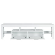 UHOMEPRO TV Stand for TV up to 80, High Gloss Entertainment Center with RGB LED Lights and Storage Shelves, White Media Console for Living Room