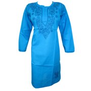 Mogul Woman's Ethnic Indian Long Kurti Blue Neck Embroidered Kurta Tunic Dress