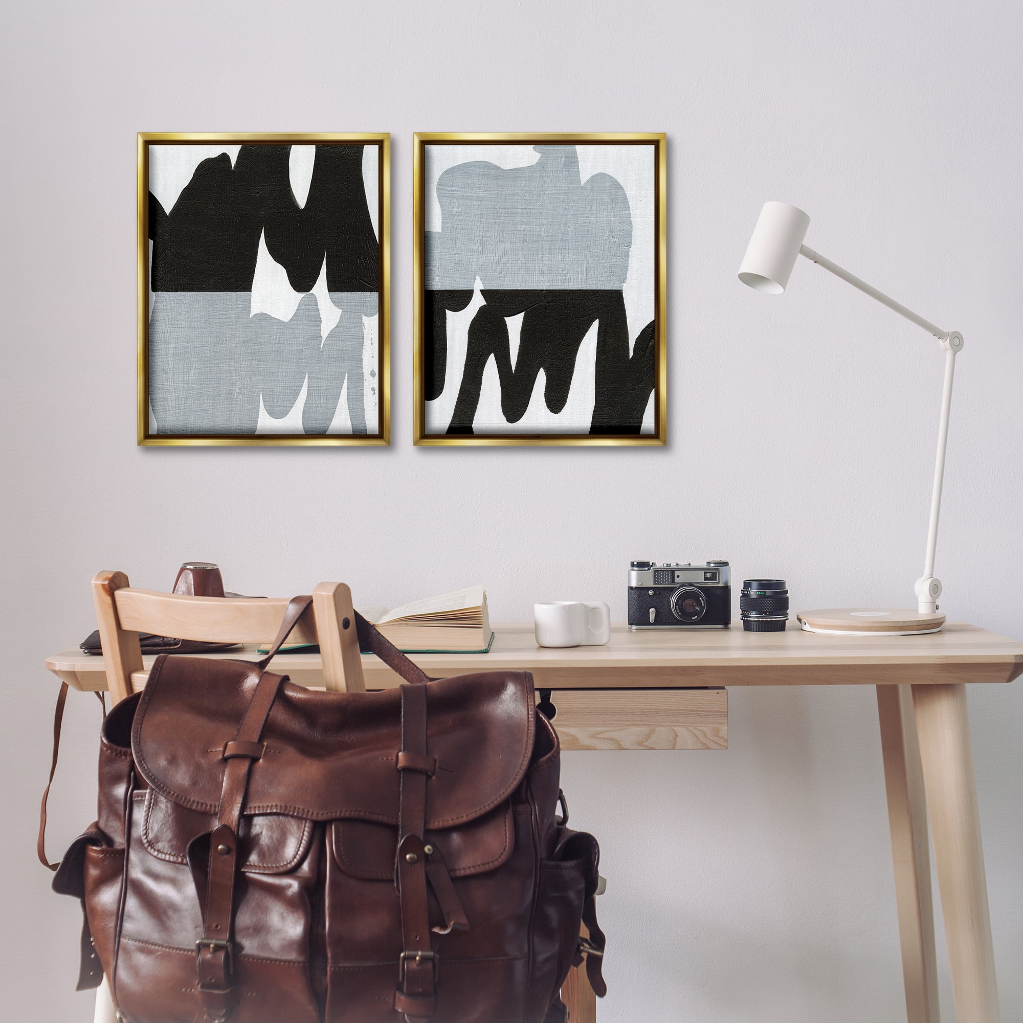 Stupell Industries Veiled Black and White Abstract Abstract Painting Gold Floater Framed Canvas Art Print Wall Art, 17 x 21, Set of 2