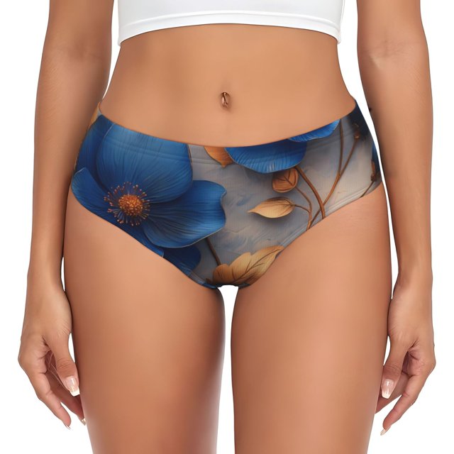 Fotbe Elegant Blue Gold Blooms Calzones Estampados para Mujer – Ropa Interior de Algodón, Cómoda, Suave y Elástica-4X-Large
