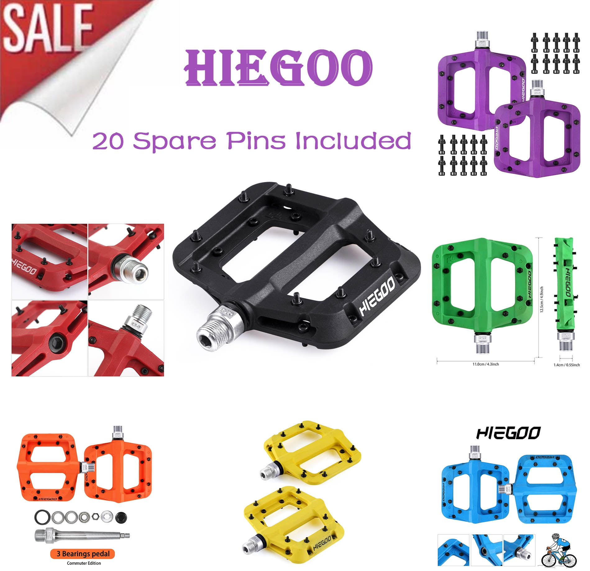 Bike Pedals Bicycle Bearing Wide Nylon Pedals MTB BMX 9//16/" ~ Blue ~ HIEGOO