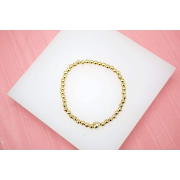 18K Gold Filled 4mm Gold Elastic Bead Bracelet With HEART Charm (I48)