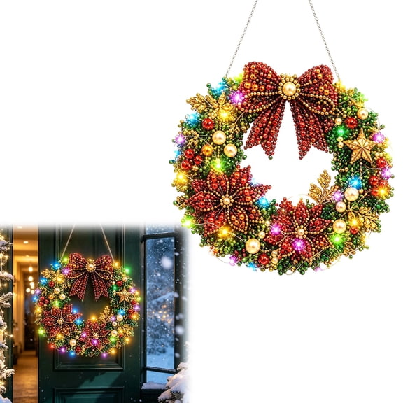Christmas DIY Pearl Art Kit with LED String Lights, 9.84-Inch Acrylic Hanging Ornament Craft Set with Pearl Beads, Gems, Applicator Tools and Chain for Holiday Decorating