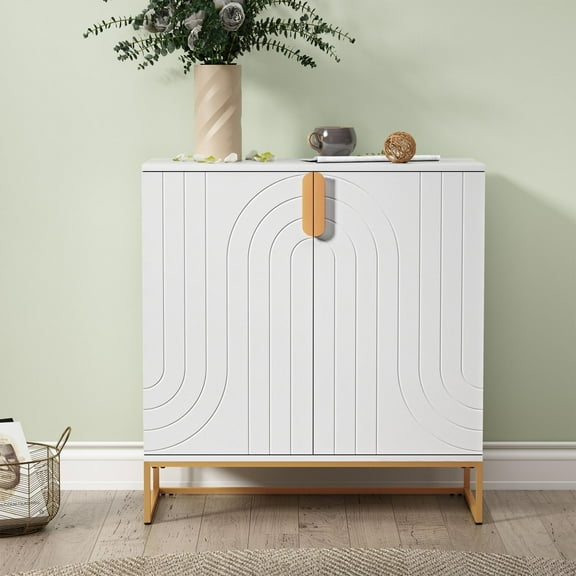 Lisonu White Accent Cabinet with Wood Grain & Gold Legs, 2-Door Storage Sideboard, Contemporary Console for Living Room, Entryway, Kitchen Dining Room