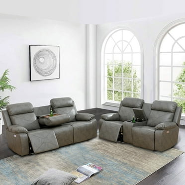 Leather Power Recliner Sofa Set with LED, Power Reclining Living Room Set, Leather Sofa Set with USB Port/Cup Holder/Storage (Sofa Loveseat, Dark Grey)