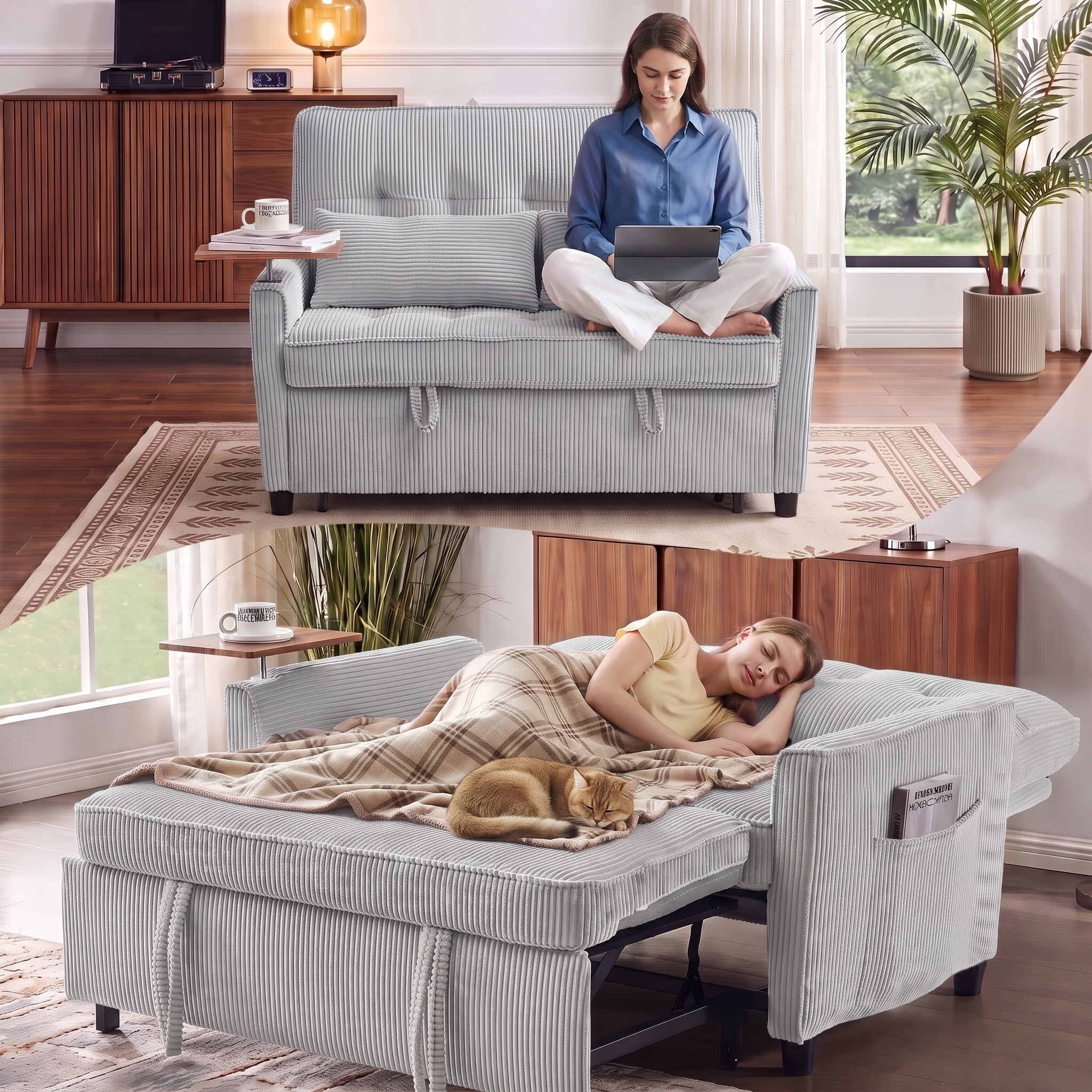 avobird 54'' 3 in 1 Pull Out Sofa Bed, Convertible Couch with Adjustable Backrest/Side Pockets/USB Charging Ports, Sleeper Sofa with small table for Living Room, Light Gray