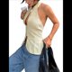 thumbnail image 3 of Blusa de Verano para Mujer, Sin Mangas, con Cuello Halter, Aberturas y Lazo, con Espalda Descubierta, Ideal para Salir. Caqui M, 3 of 9