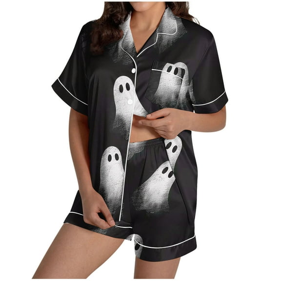 Lopecy-Sta Halloween Pajama Sets for Women 2 Piece Ghost Pumpkin Print Shirts and Shorts Set Button Down Short Sleeve Sleepwear