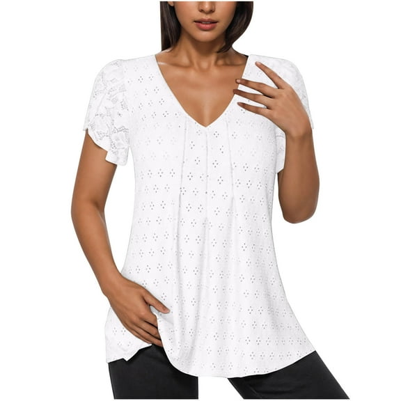 yillto Womens Plus Size Summer Tops Lace Short Sleeve V Neck Pleated Hollow out Flowy Tunic Blouse