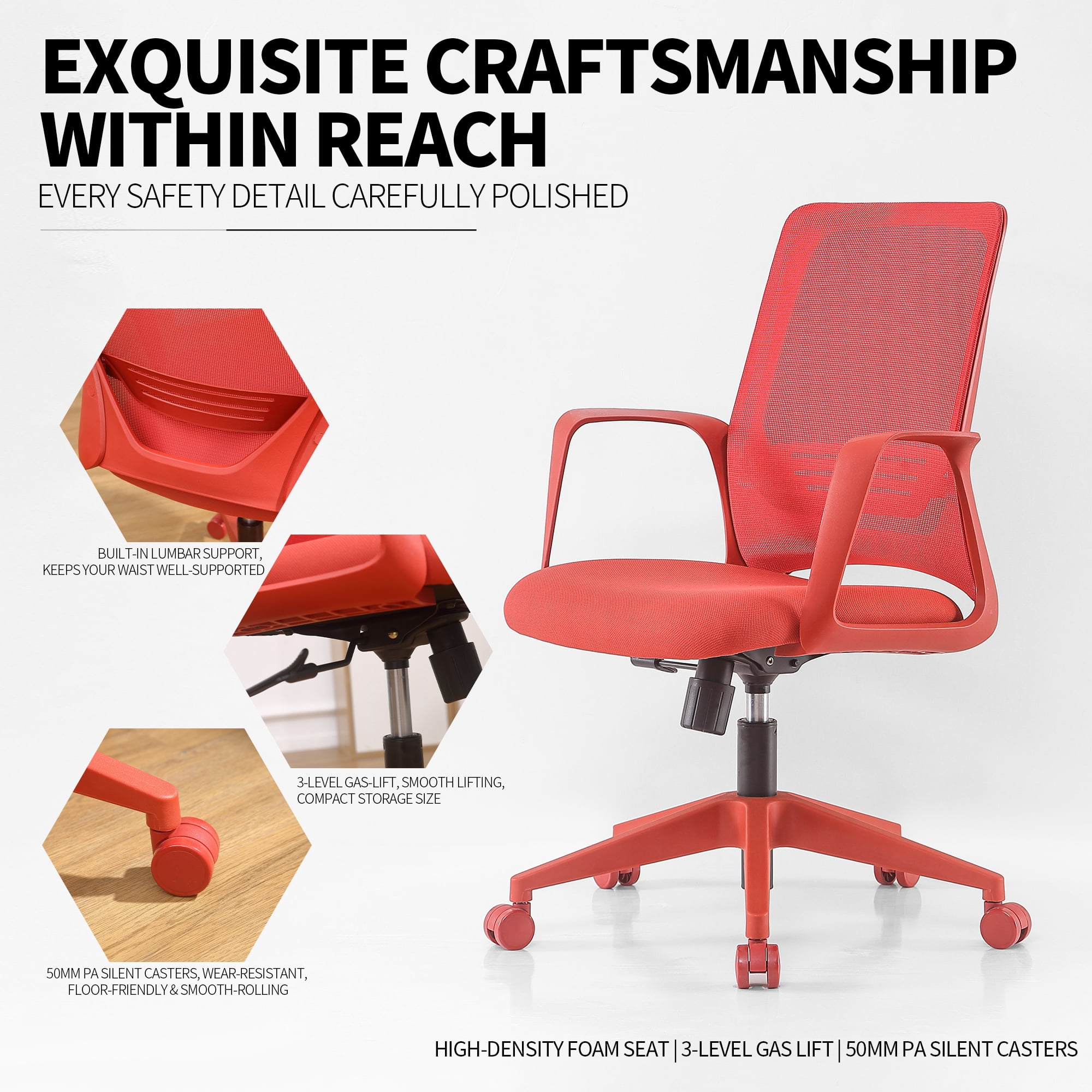 Executive Office Ergonomic Mesh Chair 350LBS, Office Seating, Mesh Fabric, Comfortable Sitting, Integrated Armrest, Lifting, Swivel Net Chair (Red)