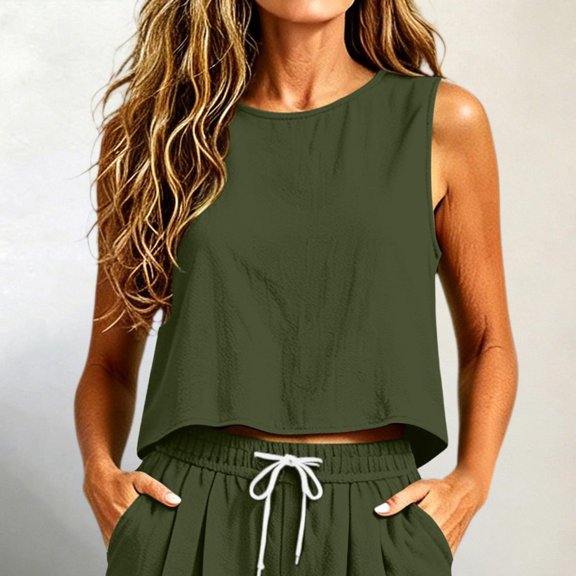 SSZMDLB Women Sleeveless Crop Top Round Neck Solid Basic Tank Top Casual Summer Tops Slim Fit Holiday Outfits Workout Clothes, Army Green M