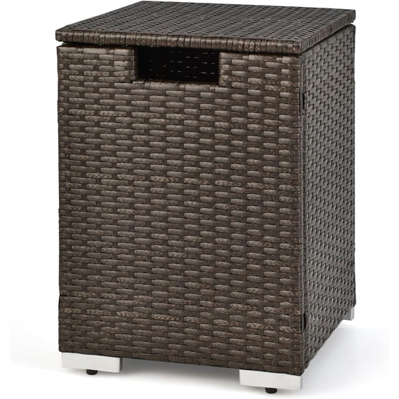 Tangkula Outdoor Propane Tank Cover Table, Patiojoy Wicker Hideaway for Gas Fire Pits, 20 lbs Tank Storage Box, Outdoor Side Table & Holder (Mix Brown)