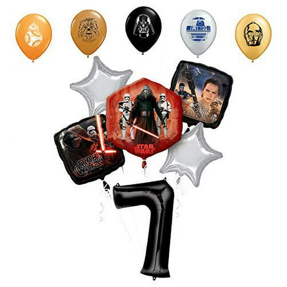 Star Wars 7th Birthday Party Supplies Foil Balloon Bouquet Decorations with 5pc Star Wars 11" Character Print Latex Balloons Chewbacca, Darth Vader, C3PO, R2D2 and BB8