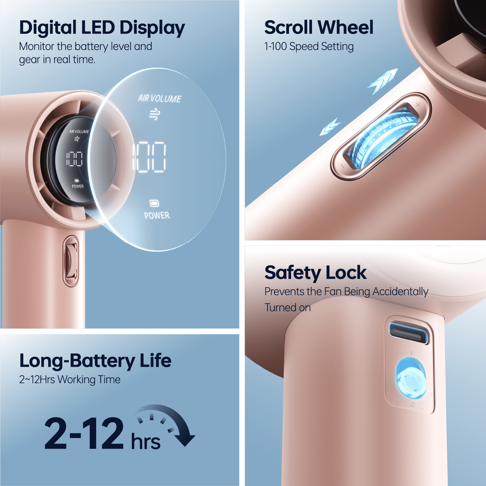 JISULIFE Portable Handheld Fan, Turbo Power High Speed Air [12Hrs Cooling], 100 Speeds, 3600mAh USB Rechargeable Mini Personal Fan, Digital Display, Gift for Travel/Outdoor -Pink