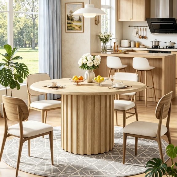 Fnova 47" Round Dining Table for 6 People, Modern Farmhouse Kitchen Table with Sturdy Pedestal Base, Wood Dining Room Table for Dining Room, Kitchen