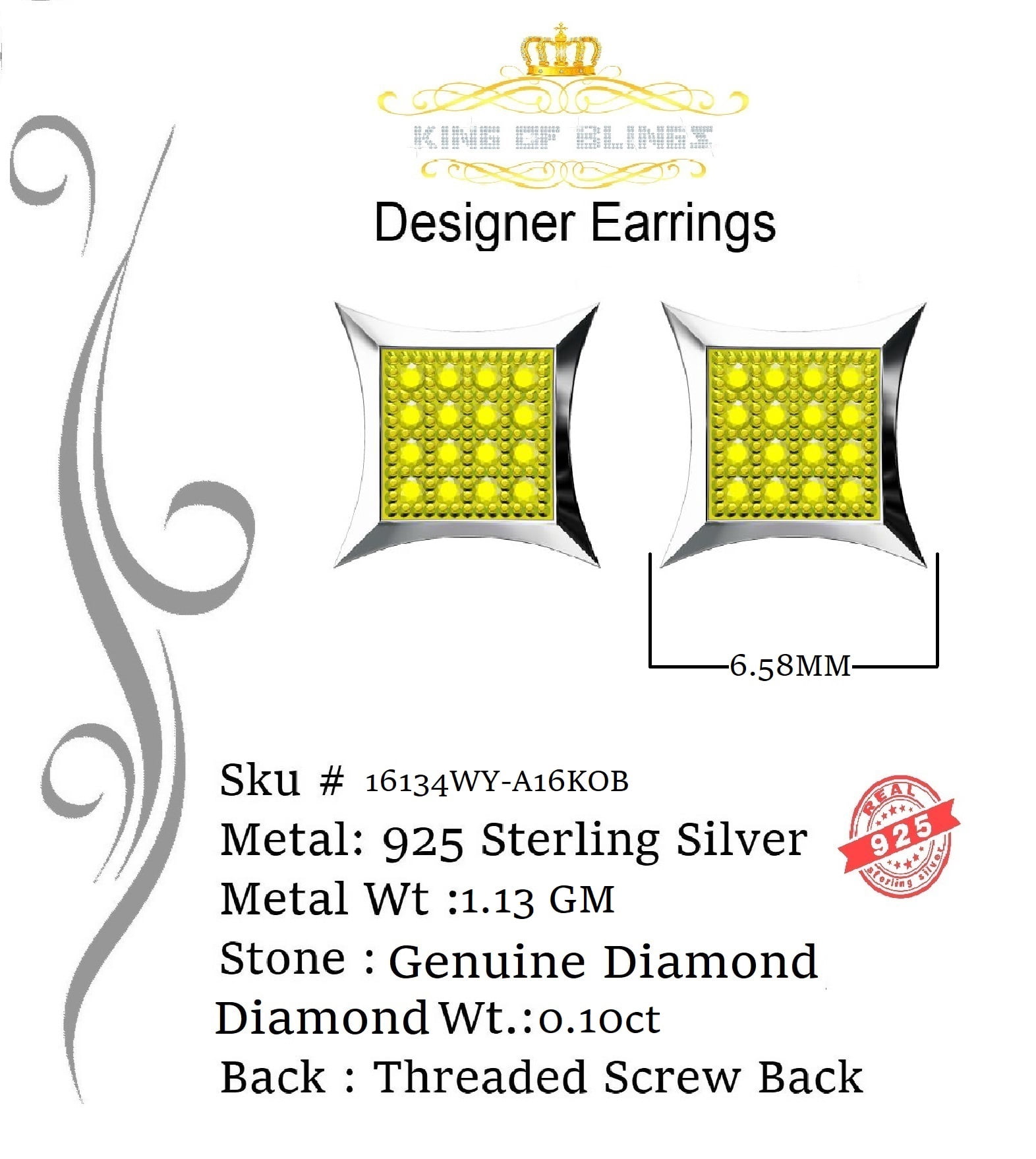 King of Bling's 0.10ct Diamond 925 Sterling Silver White Kite Stud Earrings For Men's / Women's