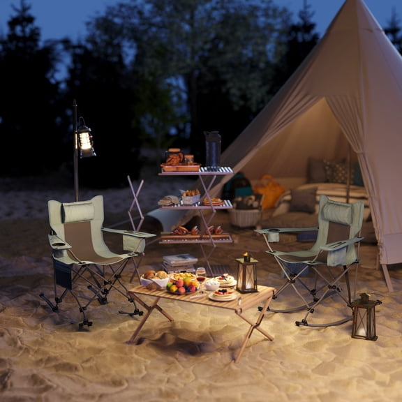 2 Pack Folding Rocking Camping Chairs Portable with Headrest Cooler Bag & Cup Holder Gray