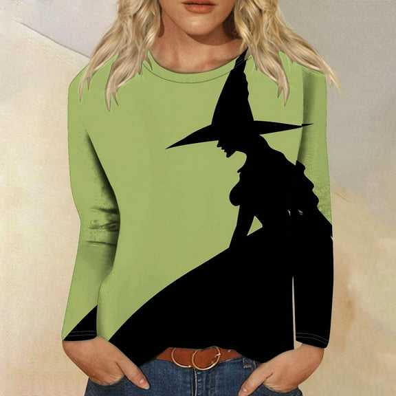 Jsaierl Halloween Shirts Women Funny Pumpkin Ghost Print Tees Stretch Crewneck T-shirt Long Sleeve Dressy Casual Blouse Tops Halloween Costumes