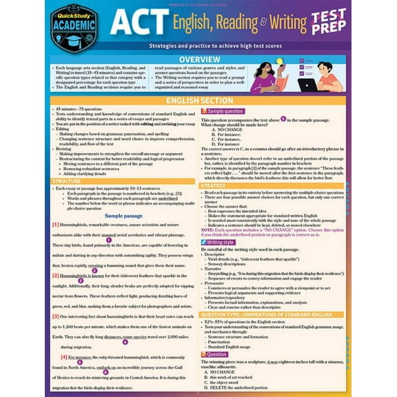ACT English, Reading & Writing Test Prep : a QuickStudy Laminated Reference Guide (Edition 1) (Other)