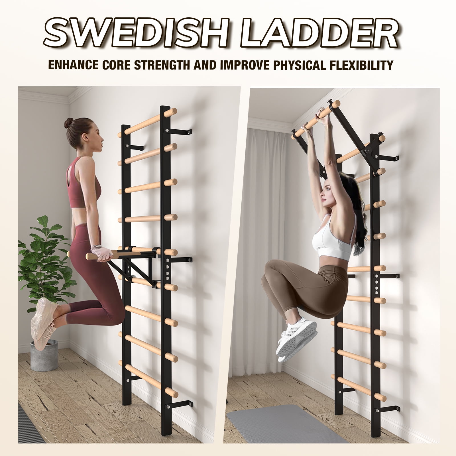 Syedee Swedish Ladder Stall Bar, Wall-Mounted Multifunctional Gym for Home Fitness, Kids Climbing and Stretching
