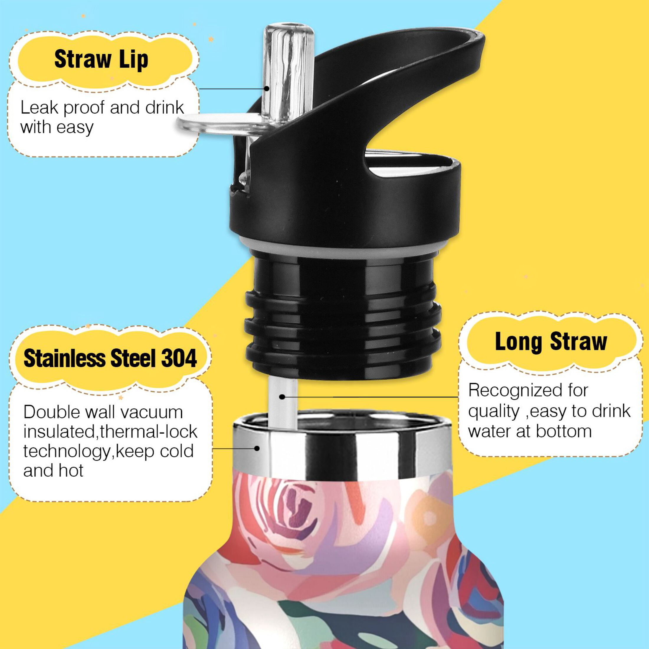 Kids Insulated Stainless Steel Sports Water Bottle 600ml (20oz) Modern Art Roses