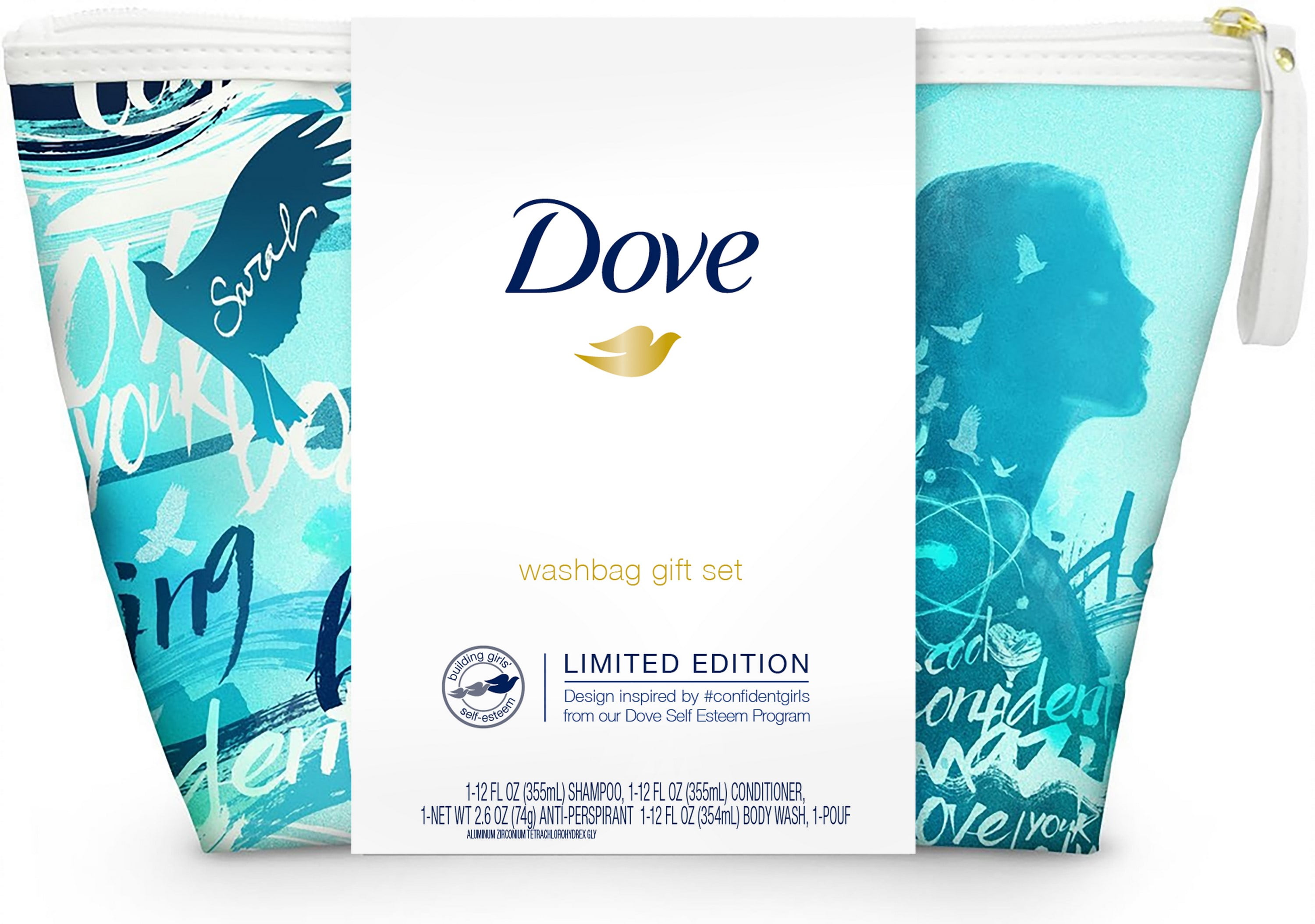 ($26 Value) Dove 5-pc Self-Esteem Project Sarah Holiday Gift Set (Shampoo, Conditioner, Deodorant, Bodywash with Bonus Pouf)