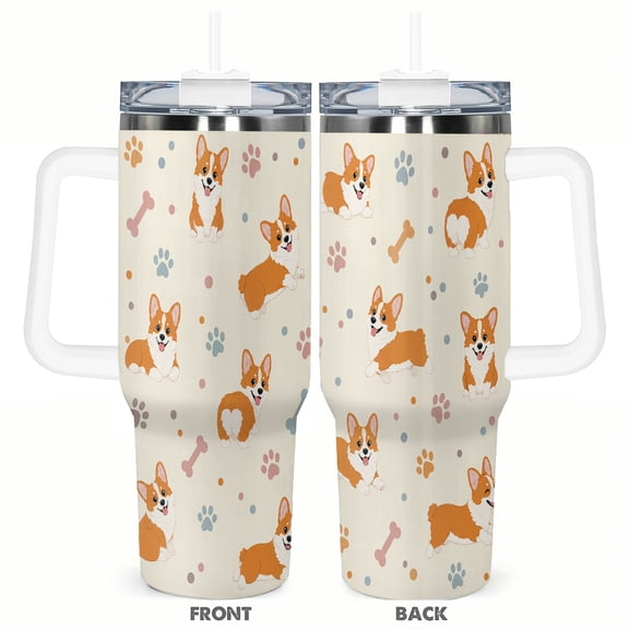 40oz Cute Corgi Tumbler with Handle and Straw Cartoon Dog Paw Print Stainless Steel Insulated Travel Coffee Cup Gift