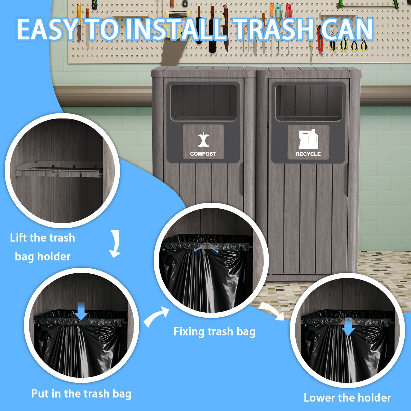 MAYEERTY 2x80L Outdoor Dual-Bucket Sorting Waste Bin (Compost & Recycle), Weather-Resistant Trash Can for Patio Yard Garden