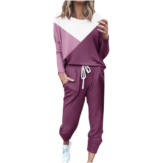 CHOK Womens Sport Set Long Sleeve Patchwork Color with Loose Cozy Petite Sweatpant Trendy Fall Winter Suits (X-Large Pink)