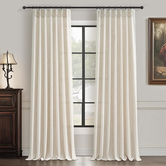 Cortinas plisadas de lino semitransparente de 230 cm de largo, color beige, 2 paneles