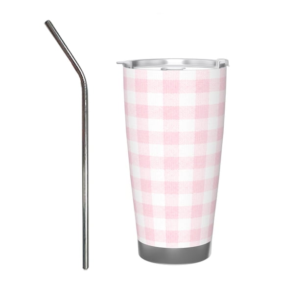 20oz Pink Gingham Insulated Car Tumbler with Straw Lid Cute Travel Coffee Cup Gift for Women Girls with Stainless Steel Straw