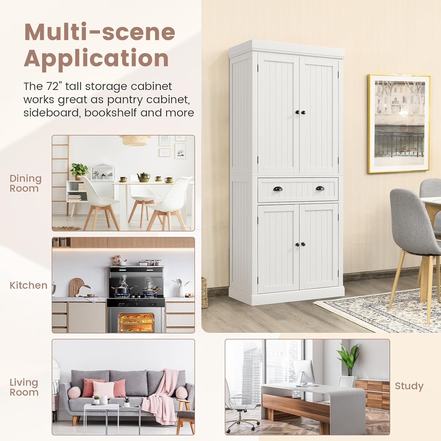 Traditional Kitchen Pantry Cabinet, Kitchen Cupboard with Double-Doors, Large Drawer and Adjustable Shelves for Dining Room, Bathroom